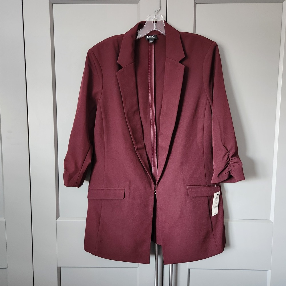 New INC International Concepts Blazer L Burgundy Ruched 3/4 Sleeve Boyfriend